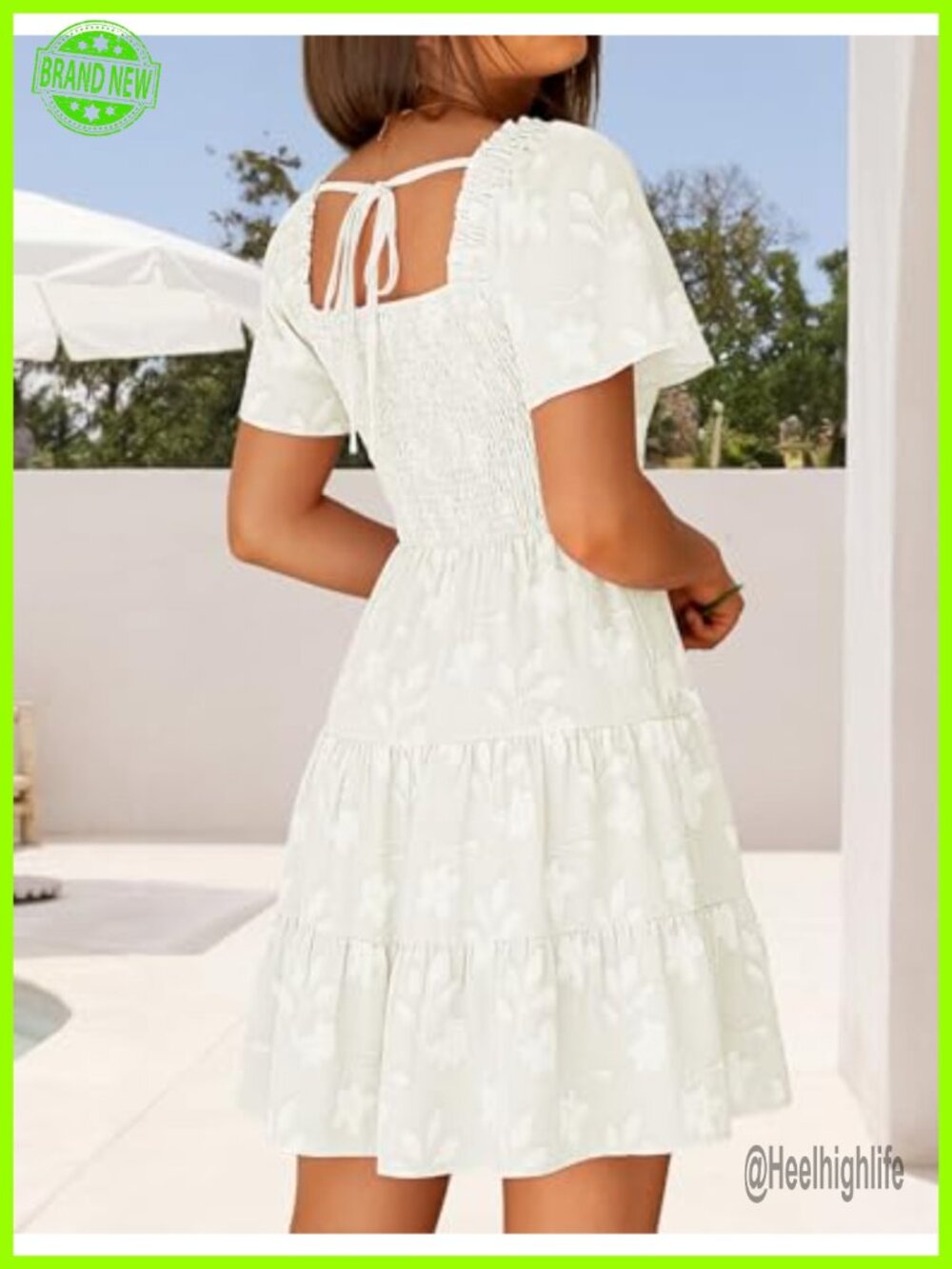 Boho Floral Mini Dress Square Neck Smocked A-Line Swing Sundress - Picture 5 of 7